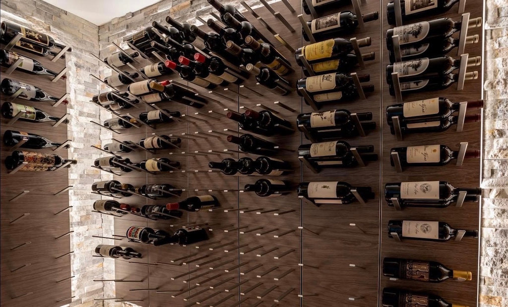 contemporary wine room with gray oak and silver racking