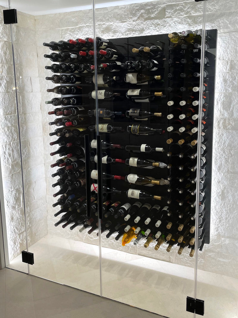 glass and stone wine cellar with back lighting