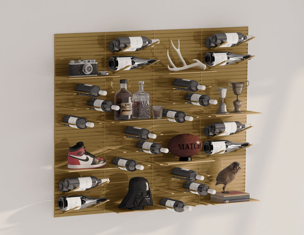 metal wall display shelves - brass