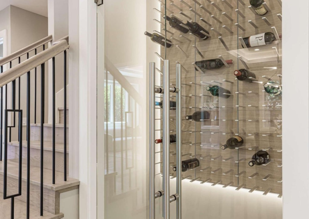 oak wood and metal modern wine cellar design