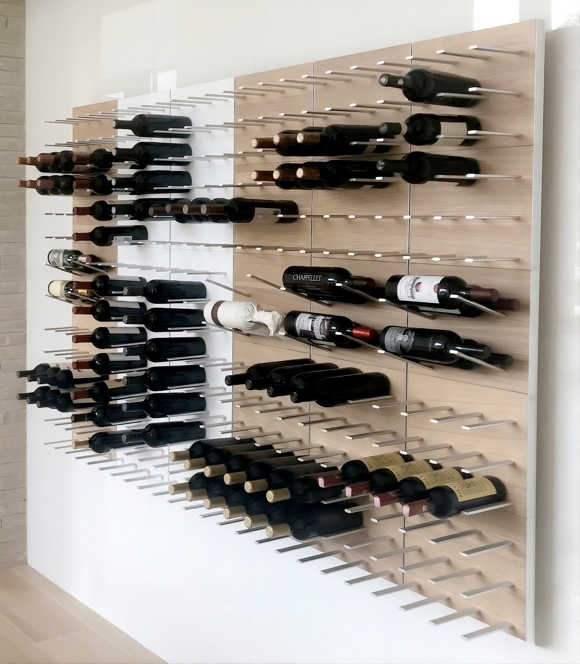 STACT Premier Oak & Silver label-forward wine wall installation.
