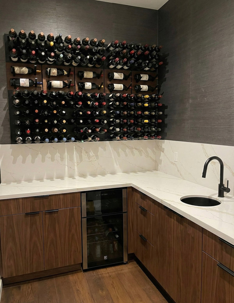 space saving wine storage design home wetbar finished in walnut with black hardware