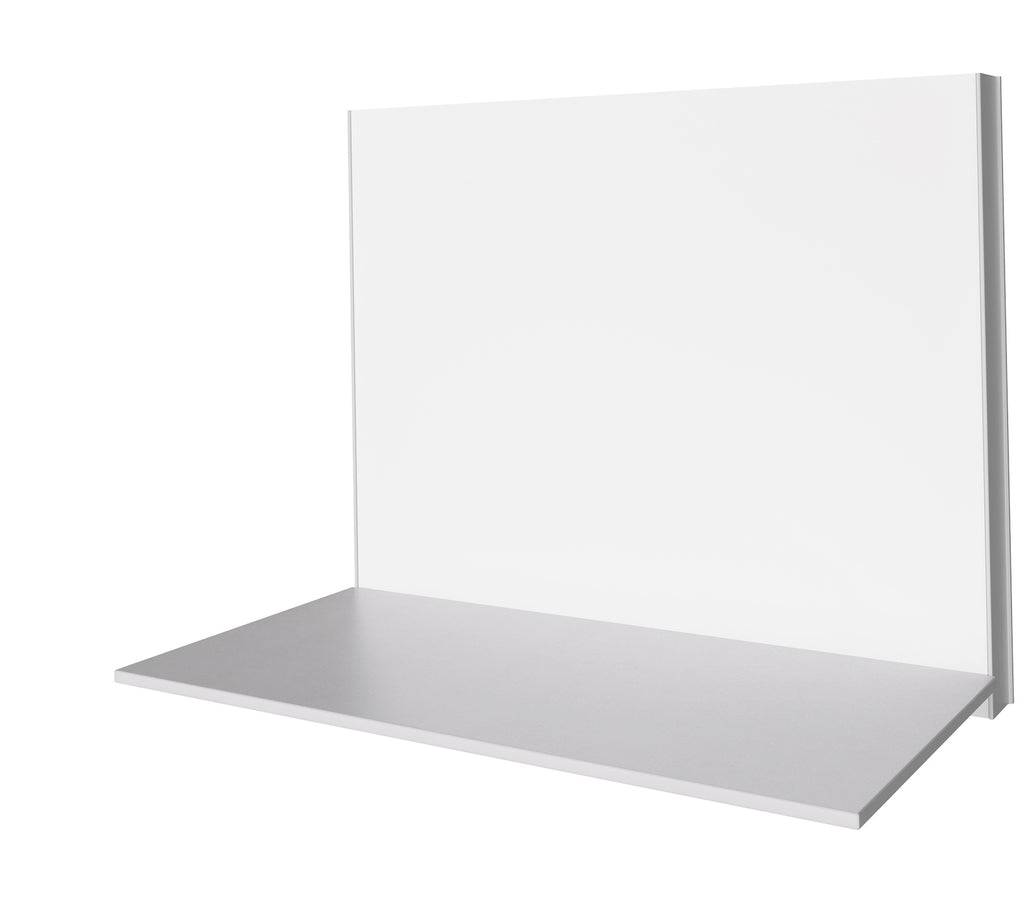 A minimalist white wall-mounted shelf with a matching white back panel, shown against a solid white background.