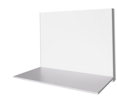 A minimalist white wall-mounted shelf with a matching white back panel, shown against a solid white background.