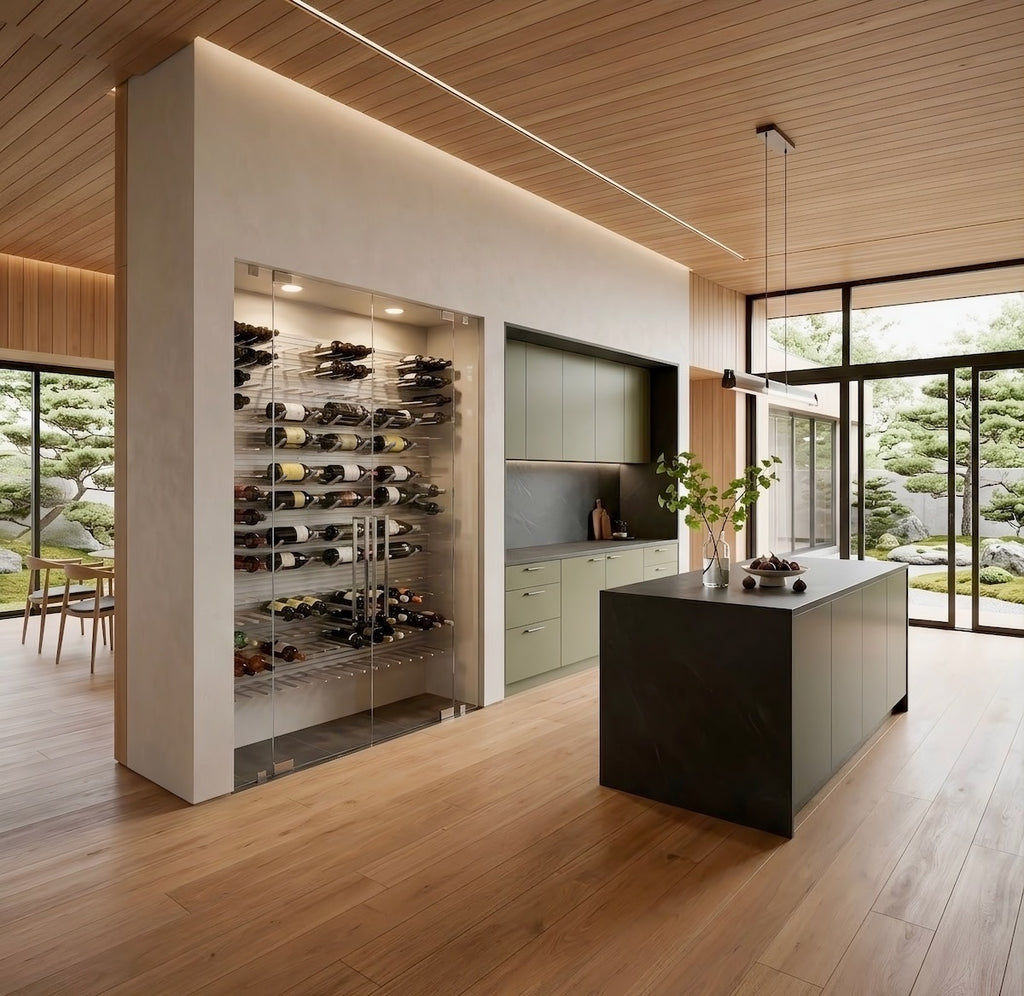 contemporary kitchen with built-in wine cellar design