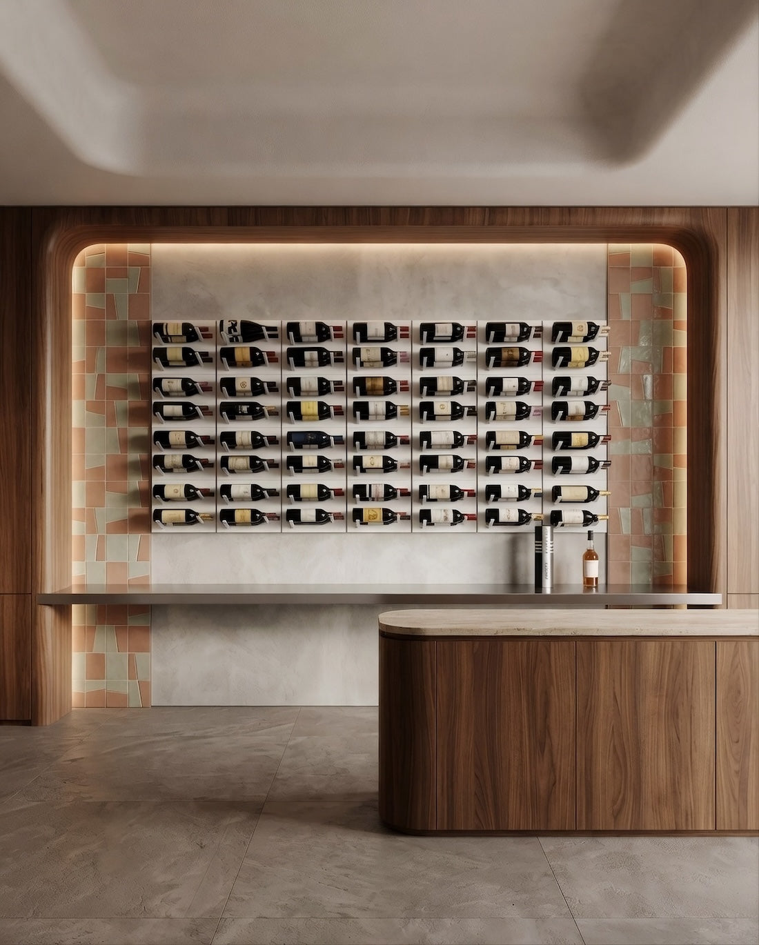 Sleek modern wine tasting room with STACT Premier White & Silver wine storage and intentional open panel space.
