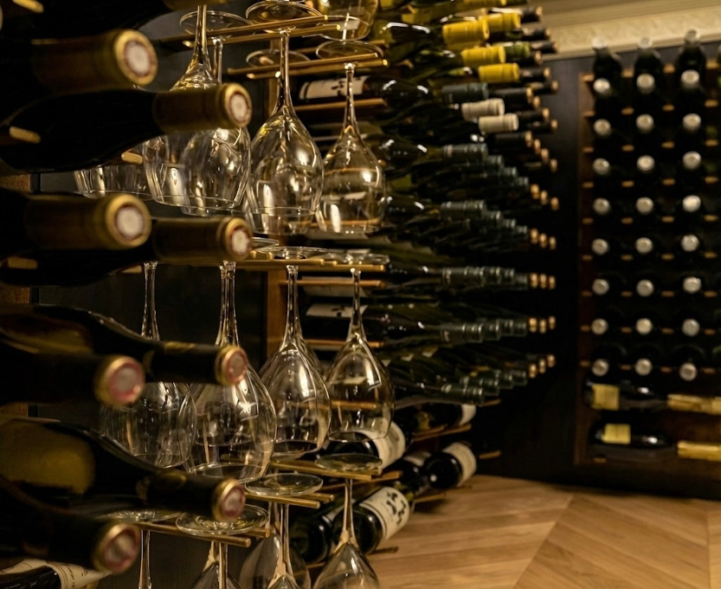 STACT Premier Walnut & Bronze stemware supports integrated into a modern wine cellar display.