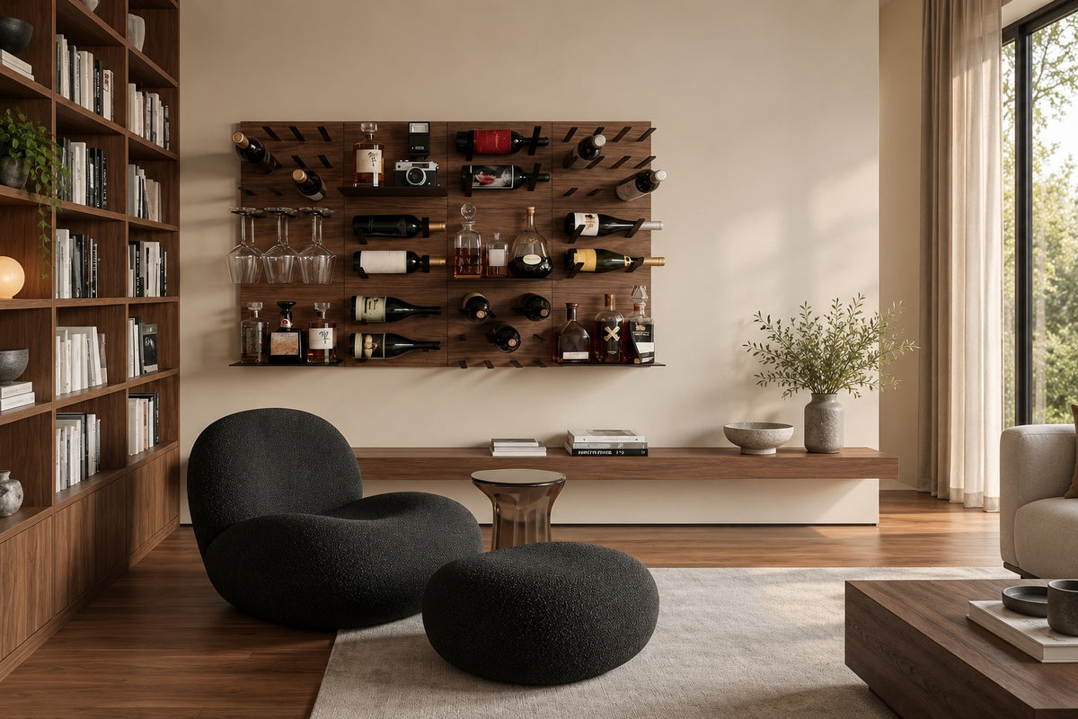 Walnut wine wall with integrated bar storage using STACT Premier Walnut & Black wall-mounted wine racks.