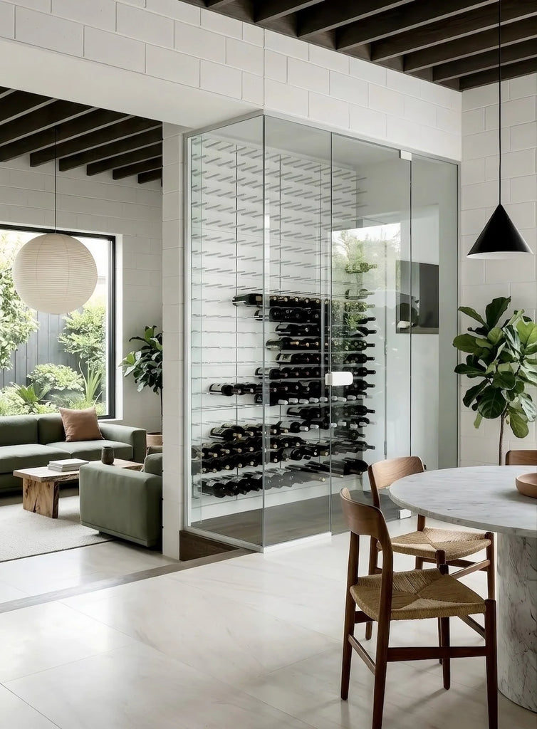 Modern interior with a wine rack in a glass wall, living area, and dining table.