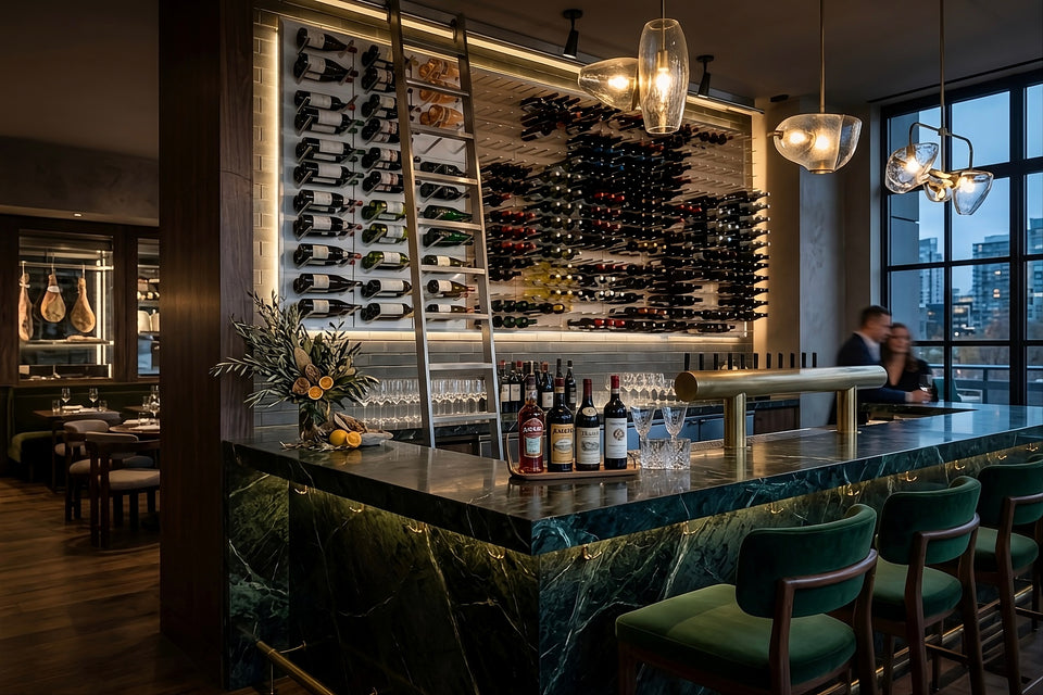 A modern bar interior with a dark green marble counter, green velvet bar stools, a large back wall of wine bottles, pendant lights, and a couple seated near a window in the background.