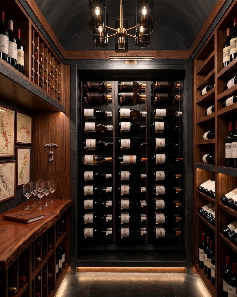 bespoke wine cellar design elevated with rich wood and black lacquer and touches of warm metals for luxury wine collectors.