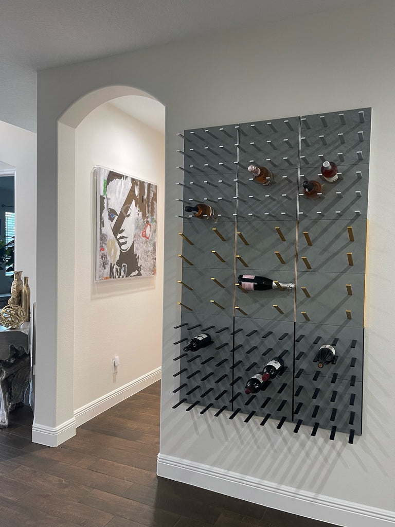 concrete and metal wine wall display