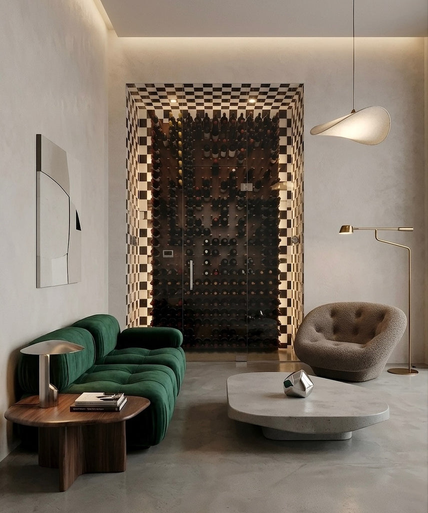 Modernist wine cellar design.