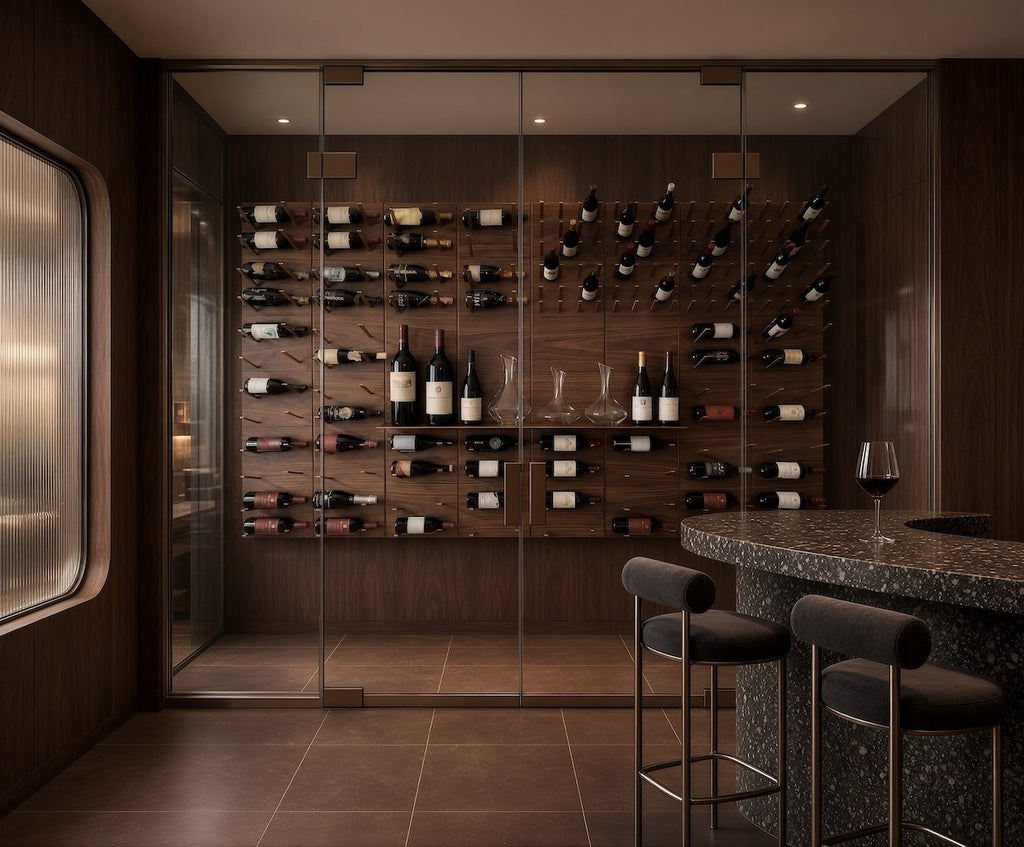Custom STACT walnut wine wall with bronze hardware, horizontal and cork-forward bottle storage, integrated shelf display, and decanters in a glass wine room.