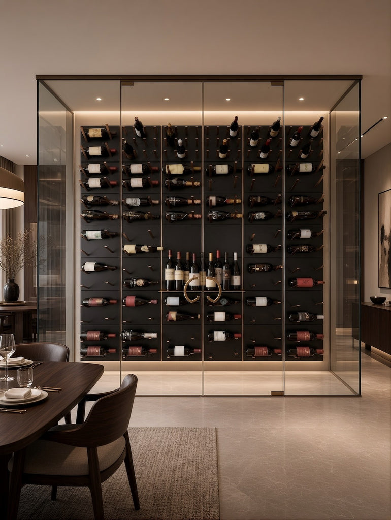 Glass wine cellar with a full-height STACT wine wall in satin black and bronze, integrated display shelving, and warm perimeter lighting beside a dining area.