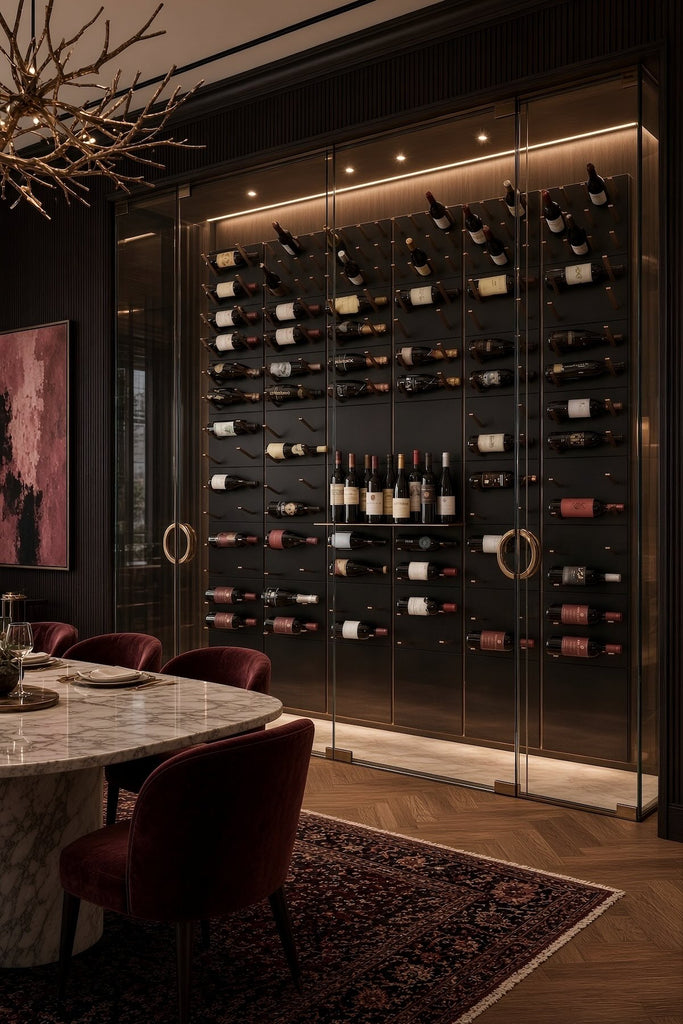 A large built-in wine rack with glass doors and illuminated shelves, filled with wine bottles, set in a modern dining room with a marble table, dark red velvet chairs, and a patterned rug.