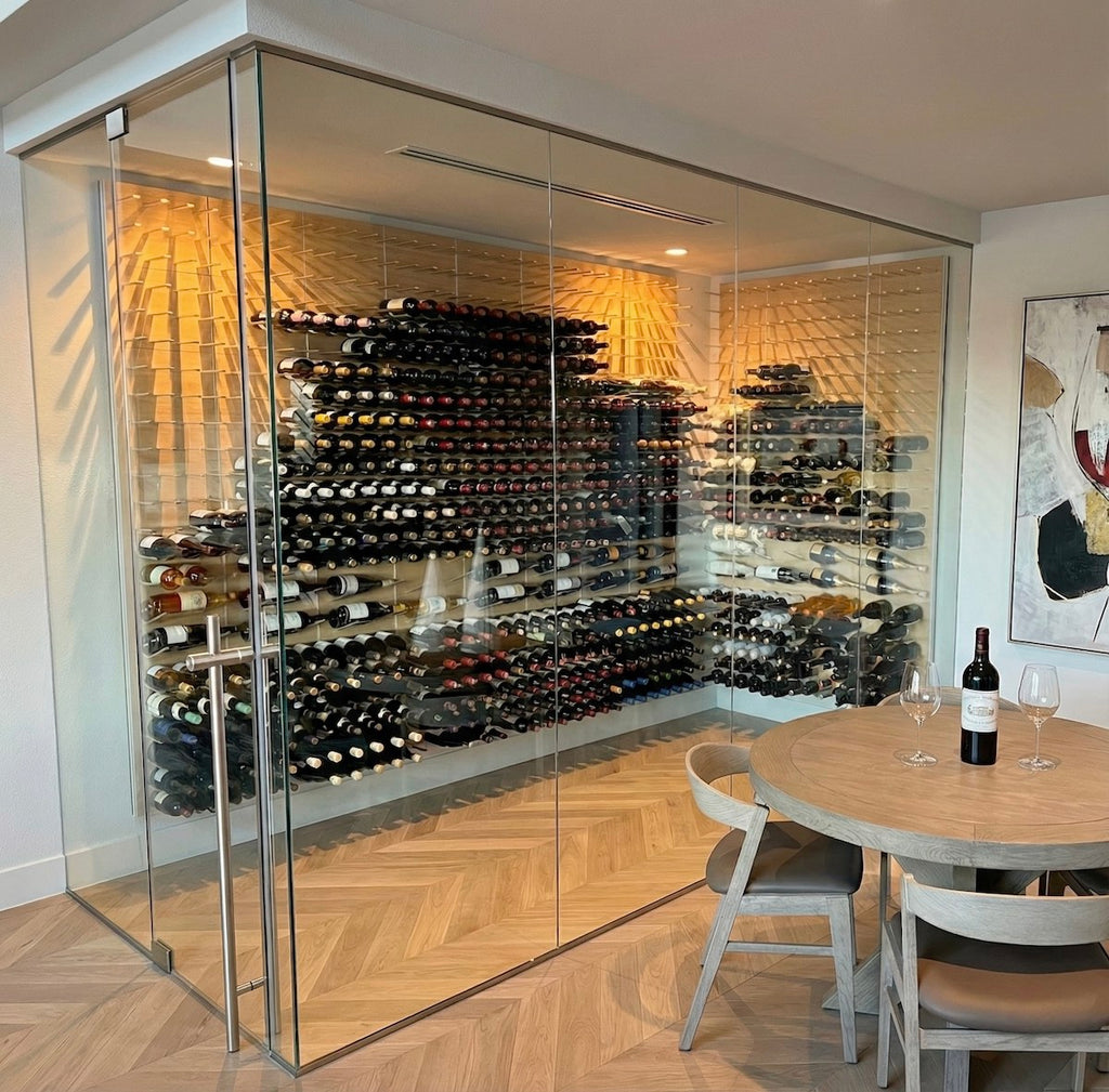 STACT Premier C-Type Oak & Black wine racks in a modern glass-enclosed wine cellar