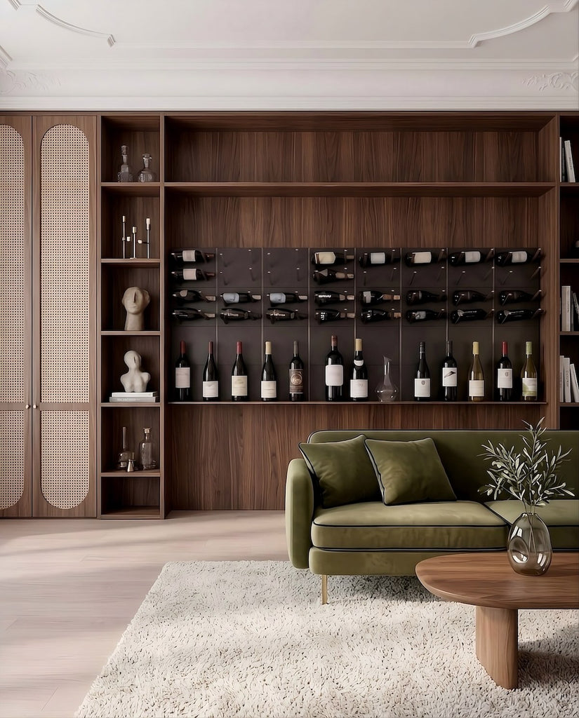 Integrated wine wall system with bronze wine peg hardware built into custom walnut millwork, combining horizontal bottle storage with a display shelf in a modern living space.