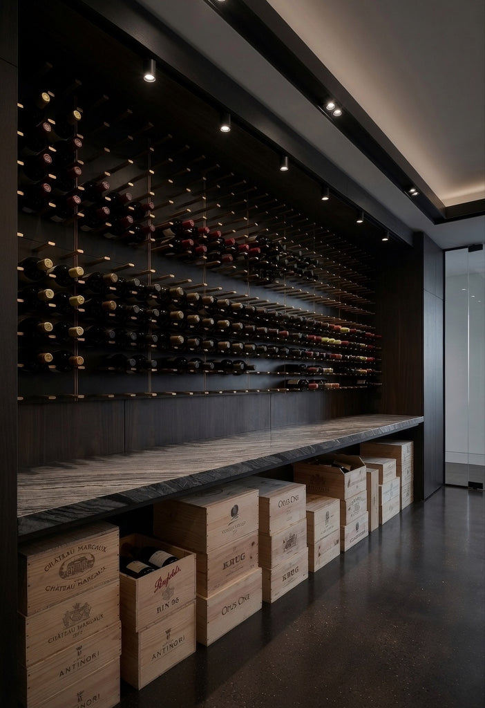 Luxury wine cellar with wall-mounted metal wine racks, dark cabinetry, stone tasting counter, and wooden wine crates below.
