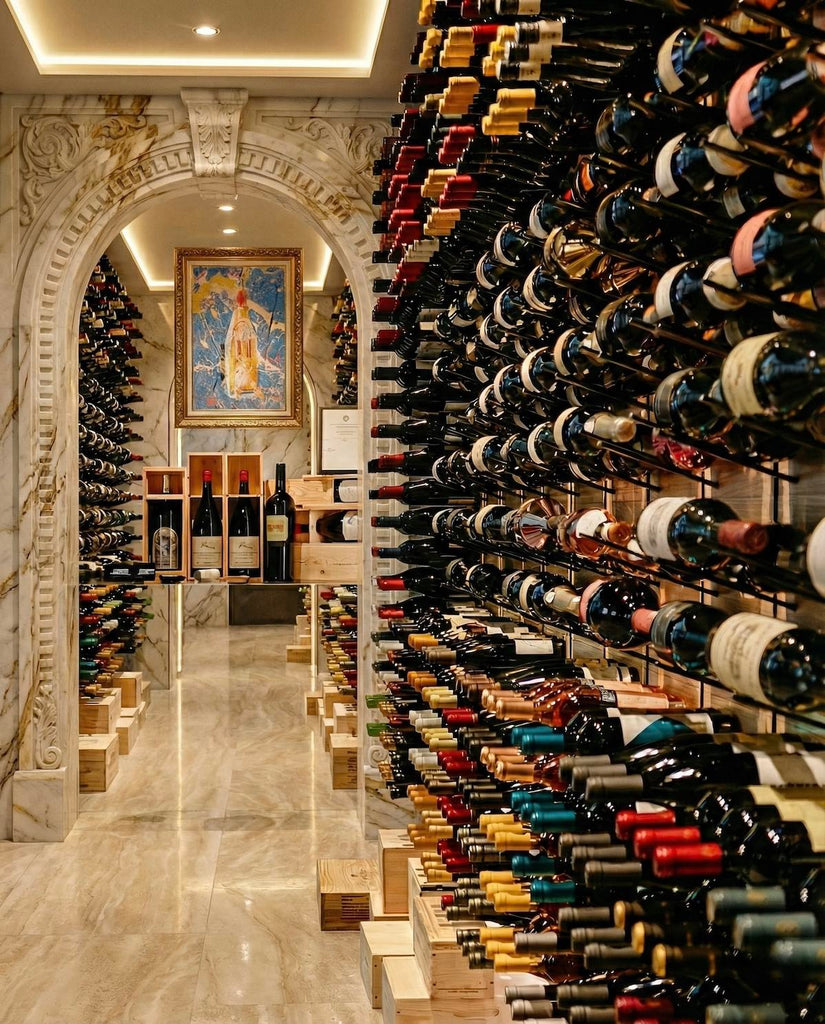 Floor-to-ceiling wall-mounted oak wine racks displayed inside a modern glass wine cellar, with bottles arranged in a symmetrical, visually striking layout