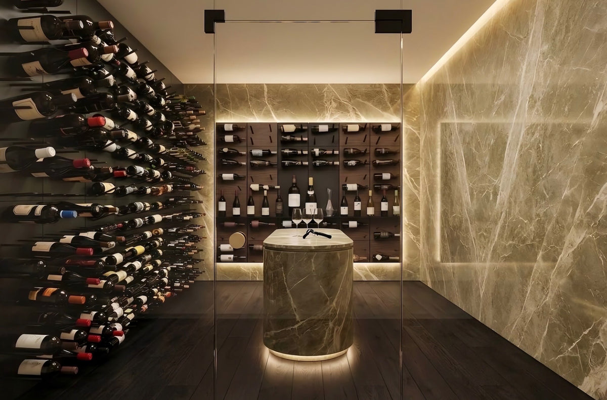 Modern glass wine cellar with STACT Premier Walnut & Black wall-mounted wine racks.