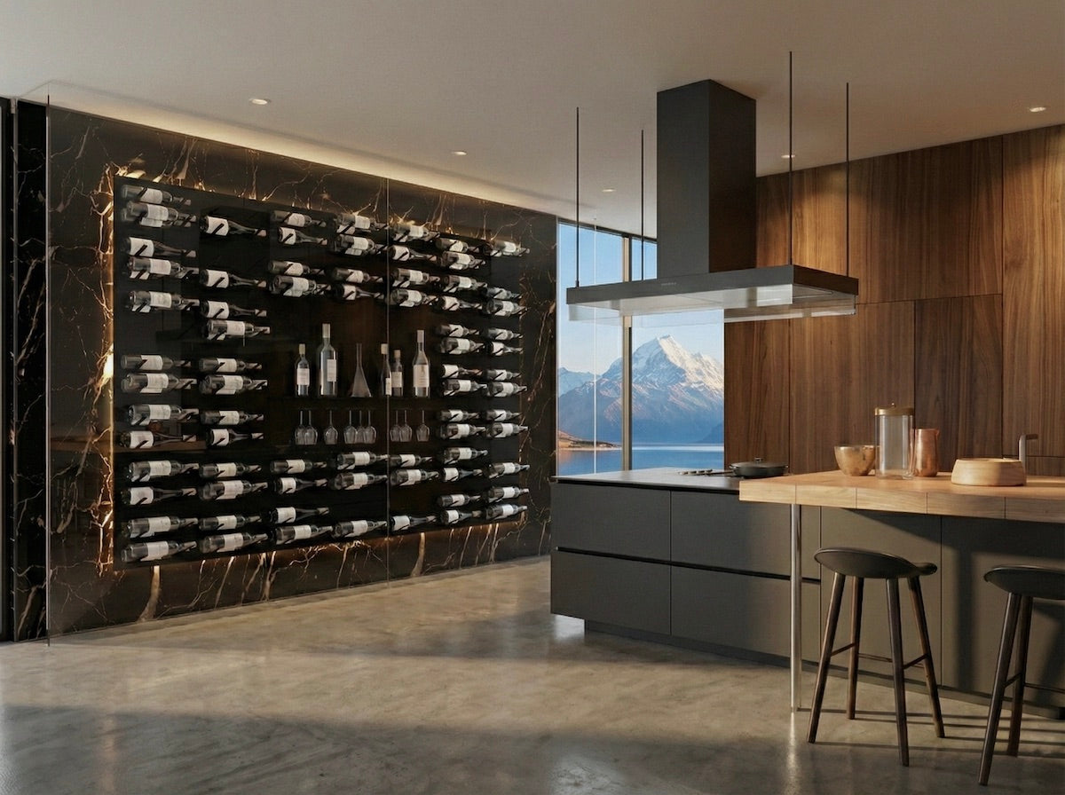 Modern kitchen wine wall using STACT Premier BlackOut bottle storage, display shelving and integrated open space.
