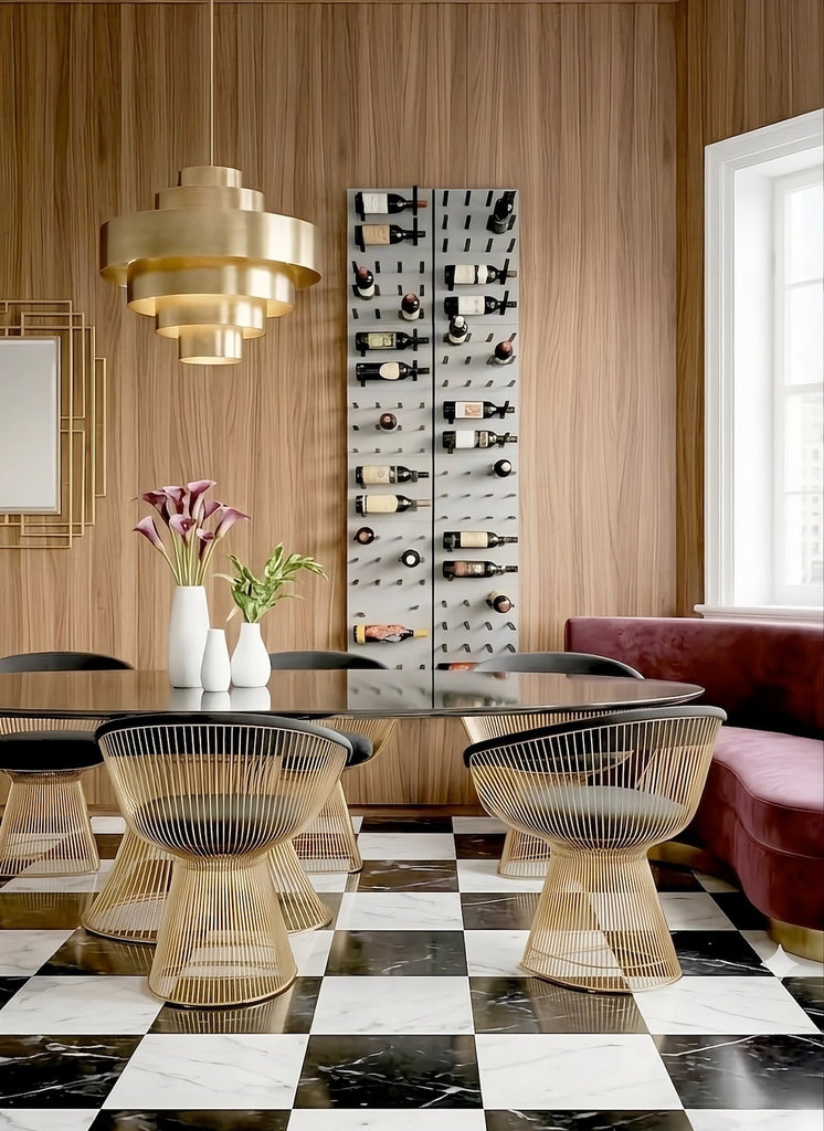 Modern dining room with warm wood paneling, black-and-white checkered floor, brass pendant light, and a slim wall-mounted wine display beside a curved banquette.