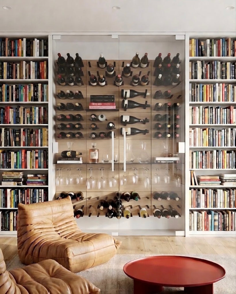 Built-in STACT enclosed wine display wall with combination of wine shelf, cork-out and label-out storage, stemware racking, light oak wood back panels, encased in glass set between floor-to-ceiling bookshelves.