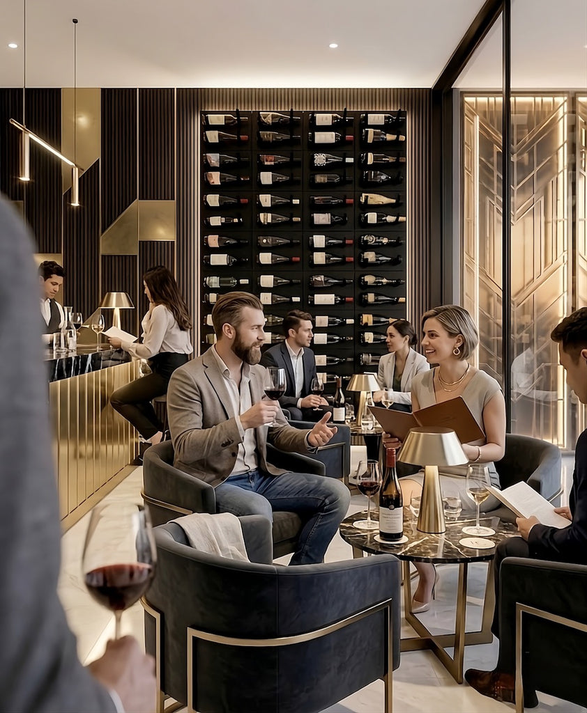 Upscale restaurant wine lounge with STACT wall-mounted wine display in a black-and-gold modern art deco interior