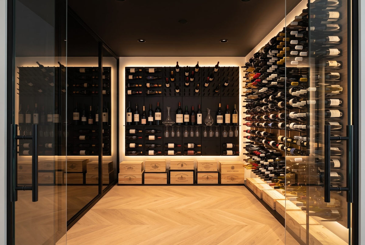 High-capacity STACT Premier wine cellar display combining label-forward and high cork-out bottle storage with integrated display shelves.