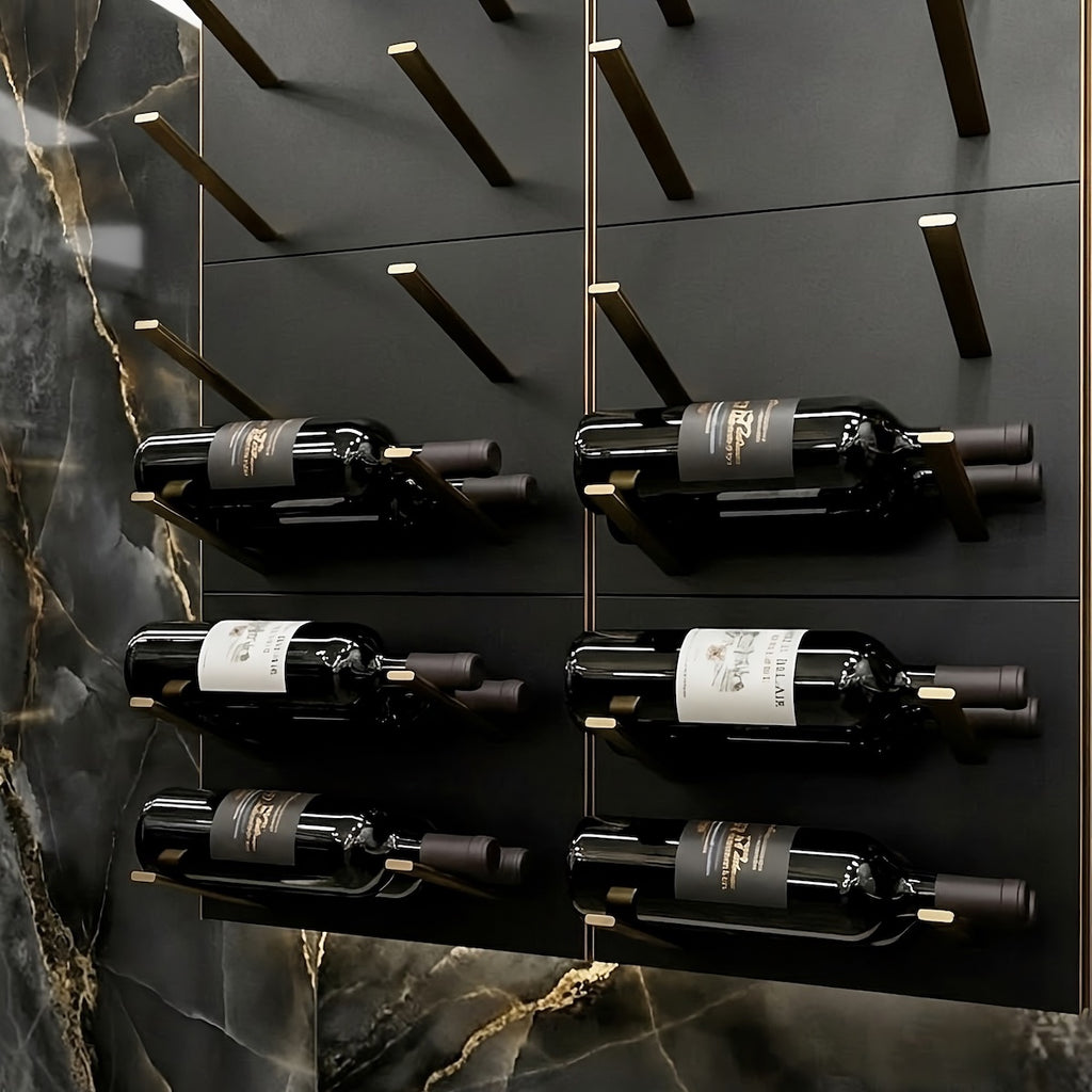STACT Premier L-type label-out wine rack in black and bronze finish displaying bottles on a modern dark stone wall