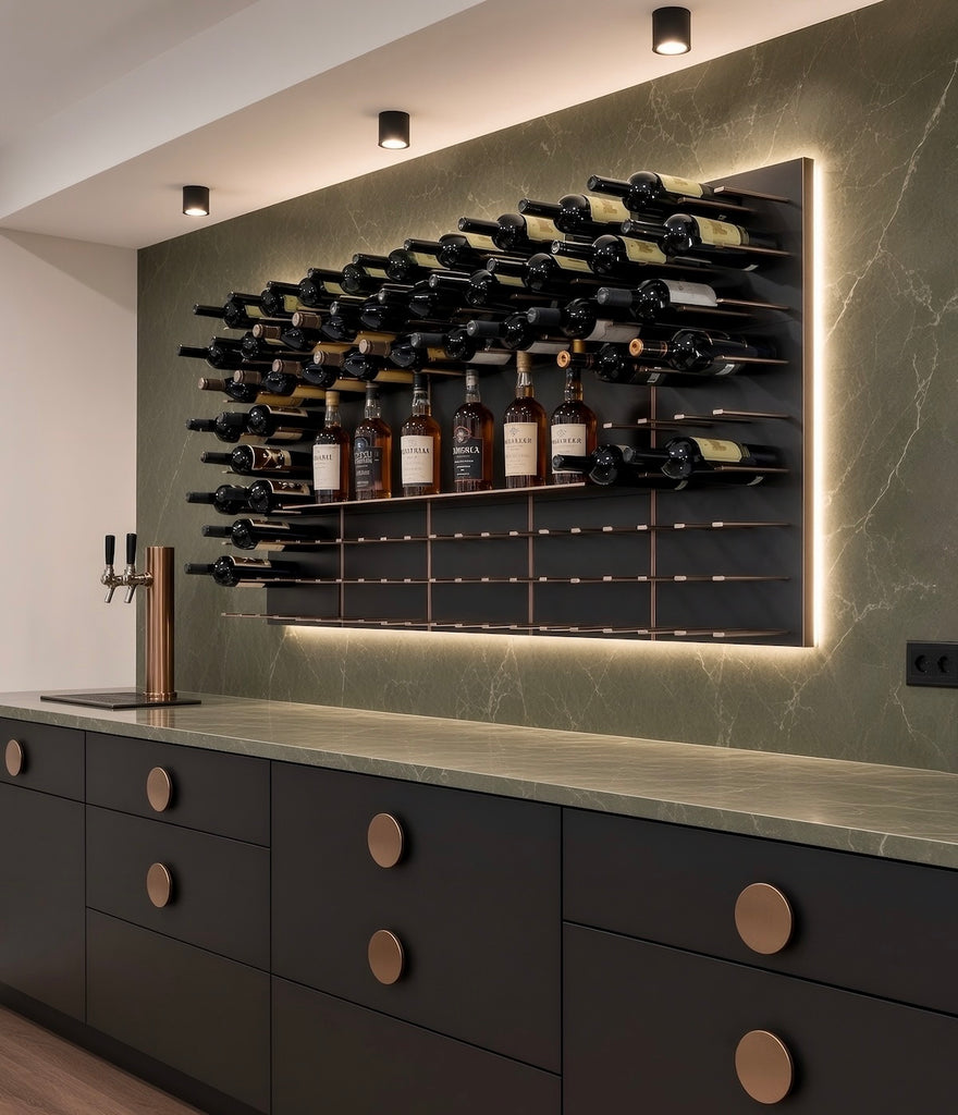 STACT Premier modern wall-mounted wine rack with horizontal bottle storage and integrated shelf for wine and spirits in a luxury home bar.
