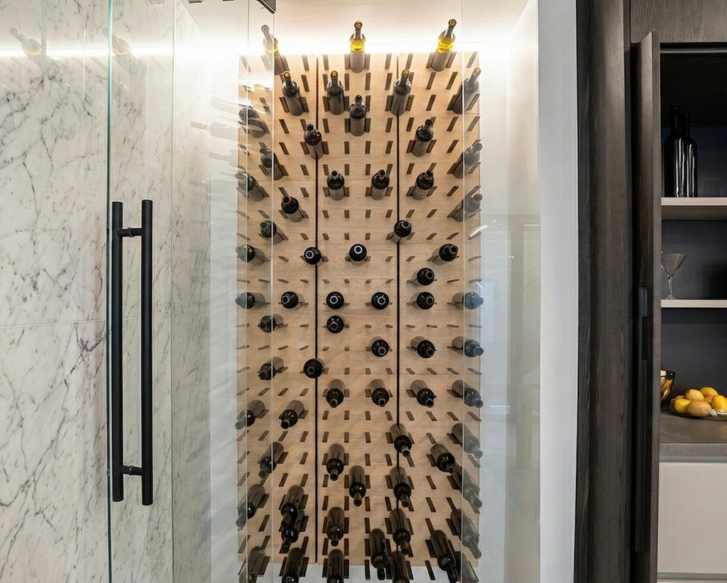 STACT Premier Oak and Black wall-mounted wine racks installed in a glass wine cellar with LED backlighting on marble walls