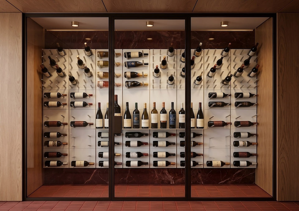 STACT Premier modular wine wall in satin white with silver hardware, combining label-forward and cork-forward bottle storage in a modern glass wine cellar.