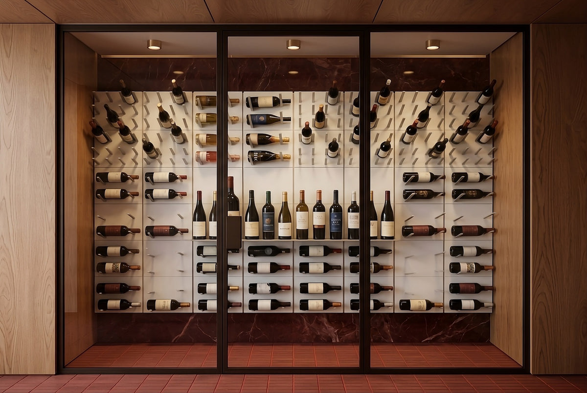 Glass-fronted wine cellar with a satin white STACT Premier wine wall, silver hardware and red marble surround.