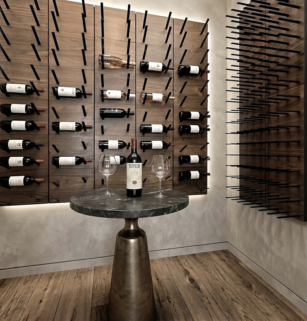 STACT Premier walnut and black wine wall with and L-type racks displaying bottles in a modern tasting space