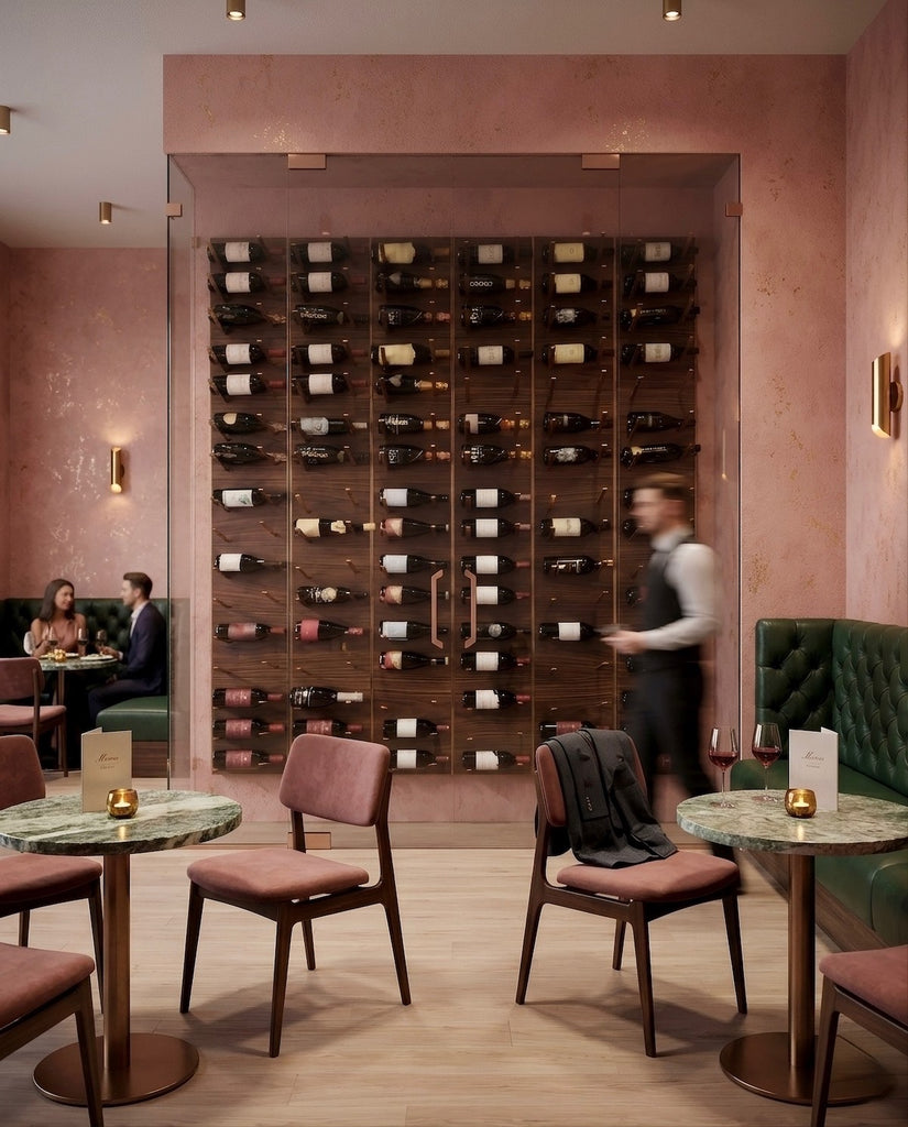 Glass-enclosed STACT restaurant wine display with walnut back panels, bronze bottle supports, and a warm hospitality interior with blush walls, green banquette seating, and dining tables.