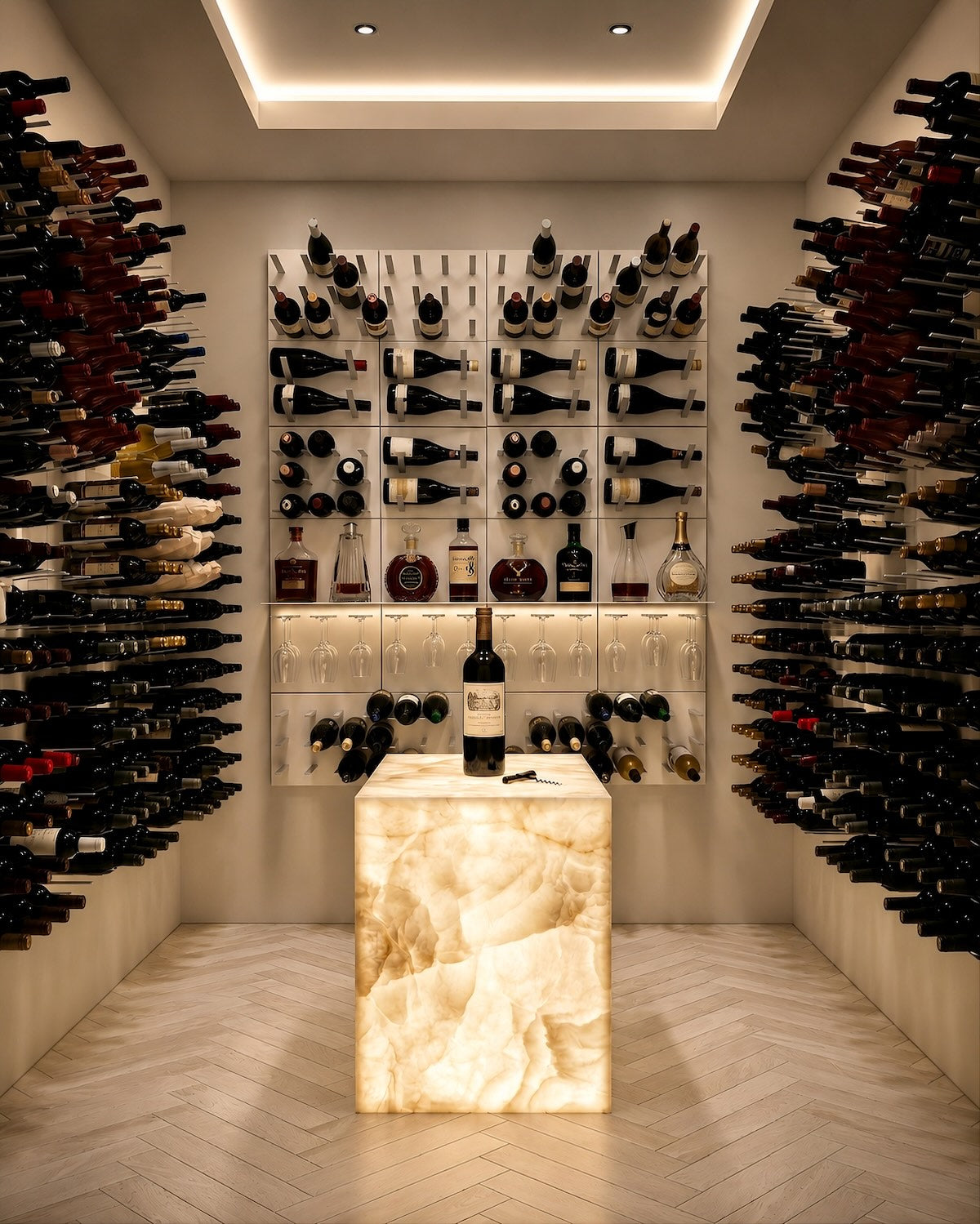Walk-in wine room with high-capacity STACT Premier White & Silver modular wine and stemware display.