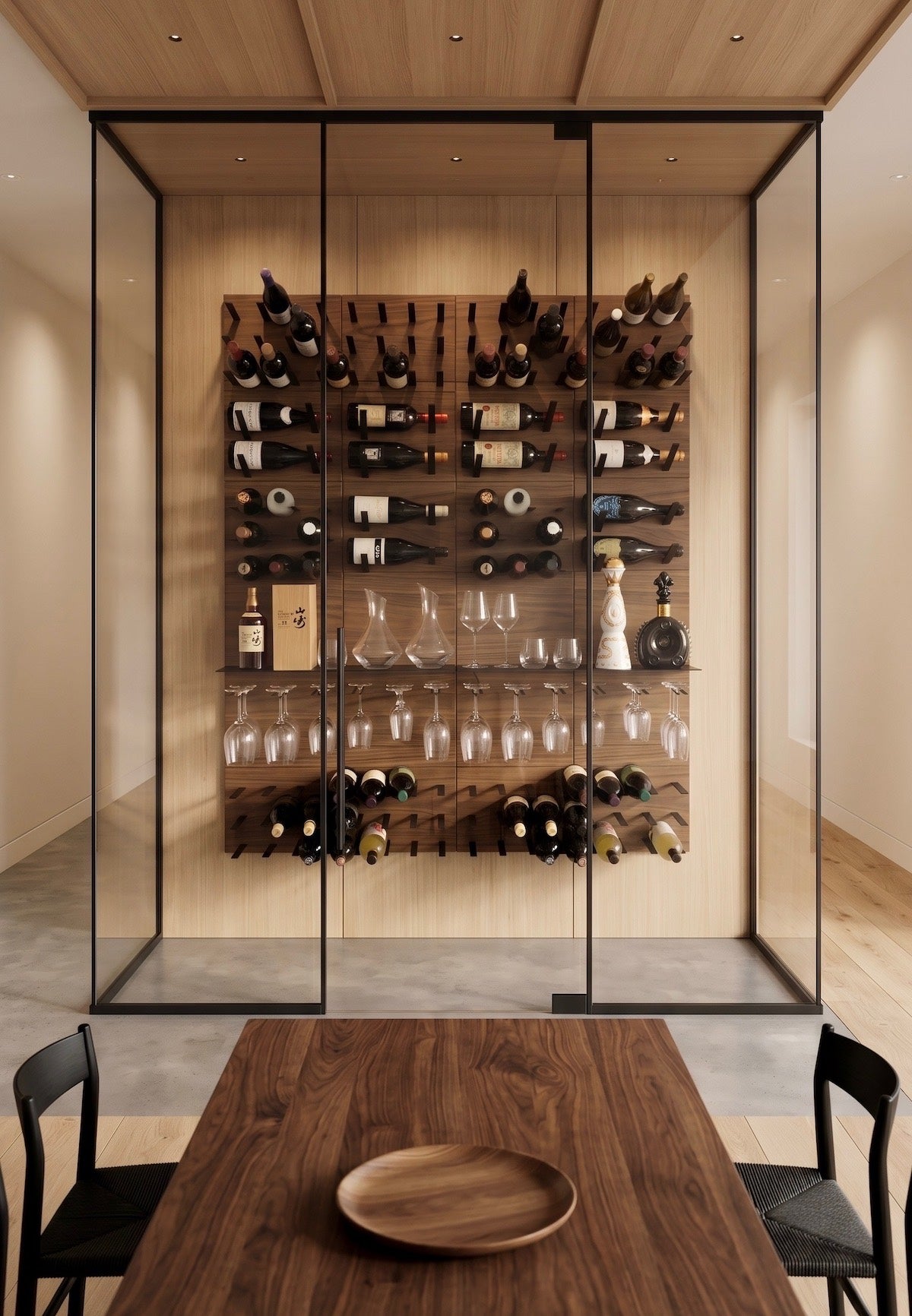 STACT Premier Walnut & Black wine wall with bottle, shelf and stemware storage inside a glass-enclosed living-space display.