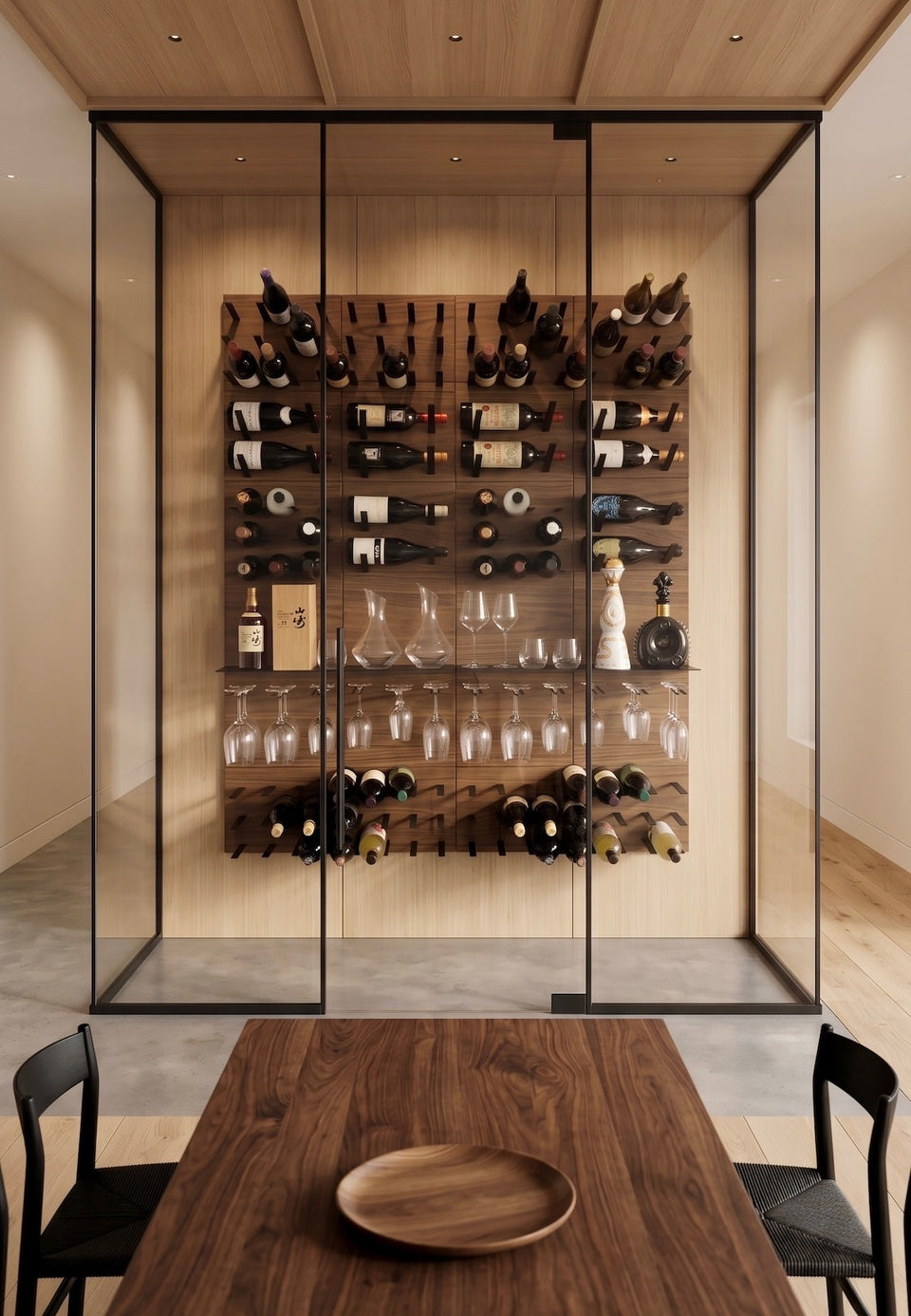 Modern glass-enclosed wine room featuring a STACT walnut wine wall system with bottle storage, display shelves, and stemware racks.
