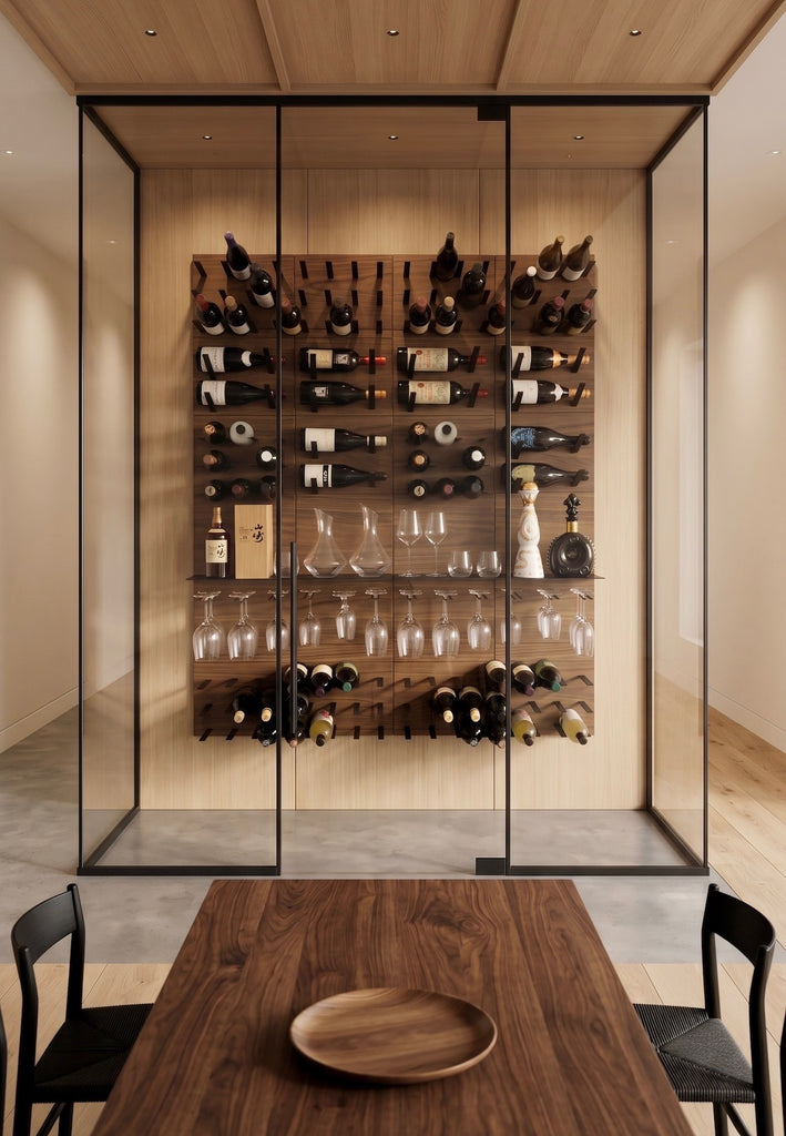 Modern glass-enclosed wine room featuring a STACT walnut wine wall system with bottle storage, display shelves, and stemware racks.
