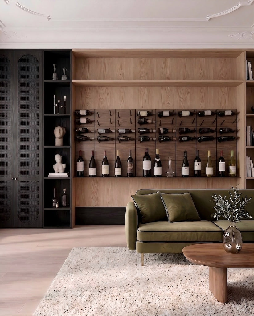 STACT walnut and black wine wall system installed in a modern living room with custom built-in cabinetry.