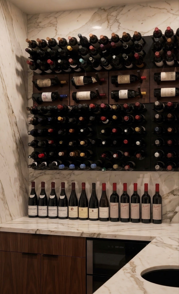 STACT walnut and black wine wall system installed in a marble wine cellar with label-out and cork-out bottle storage.