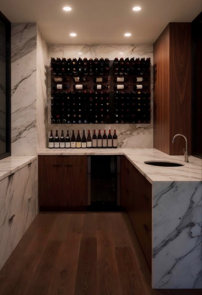 STACT walnut and black wine wall system installed in a marble wine cellar with bottle storage and a built-in wine fridge.