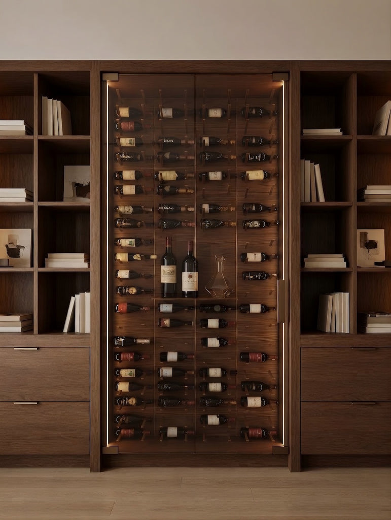 STACT walnut and bronze wine wall installed behind glass within custom millwork, with integrated lighting and horizontal bottle display.