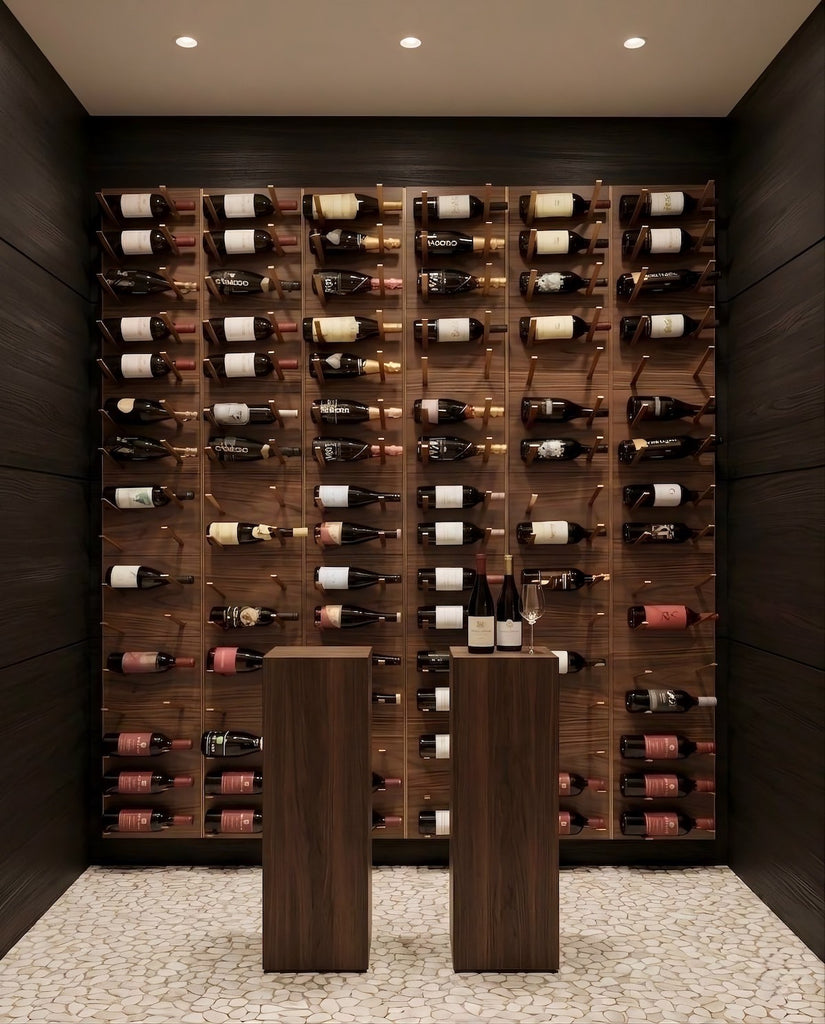 STACT walnut and bronze wall-mounted wine rack system in a modern luxury wine room with integrated bottle display.