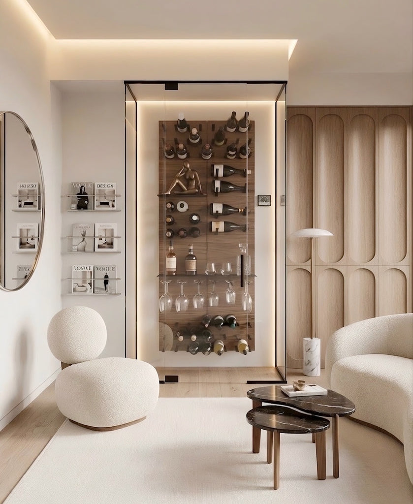 STACT wine shelf display finished in with black hardware with stemware storage inside a glass-enclosed display, styled within a modern interior.