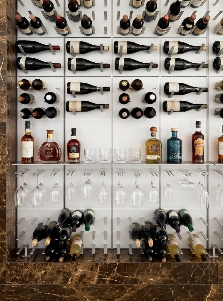White STACT wine wall with silver hardware, mixed bottle orientations, spirits shelving, hanging stemware, and a dark brown marble surround.