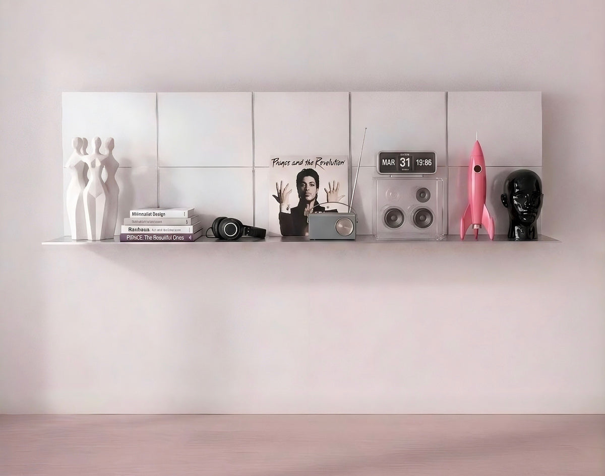 STACT Premier White & Silver display shelf with finished modular panel space above.