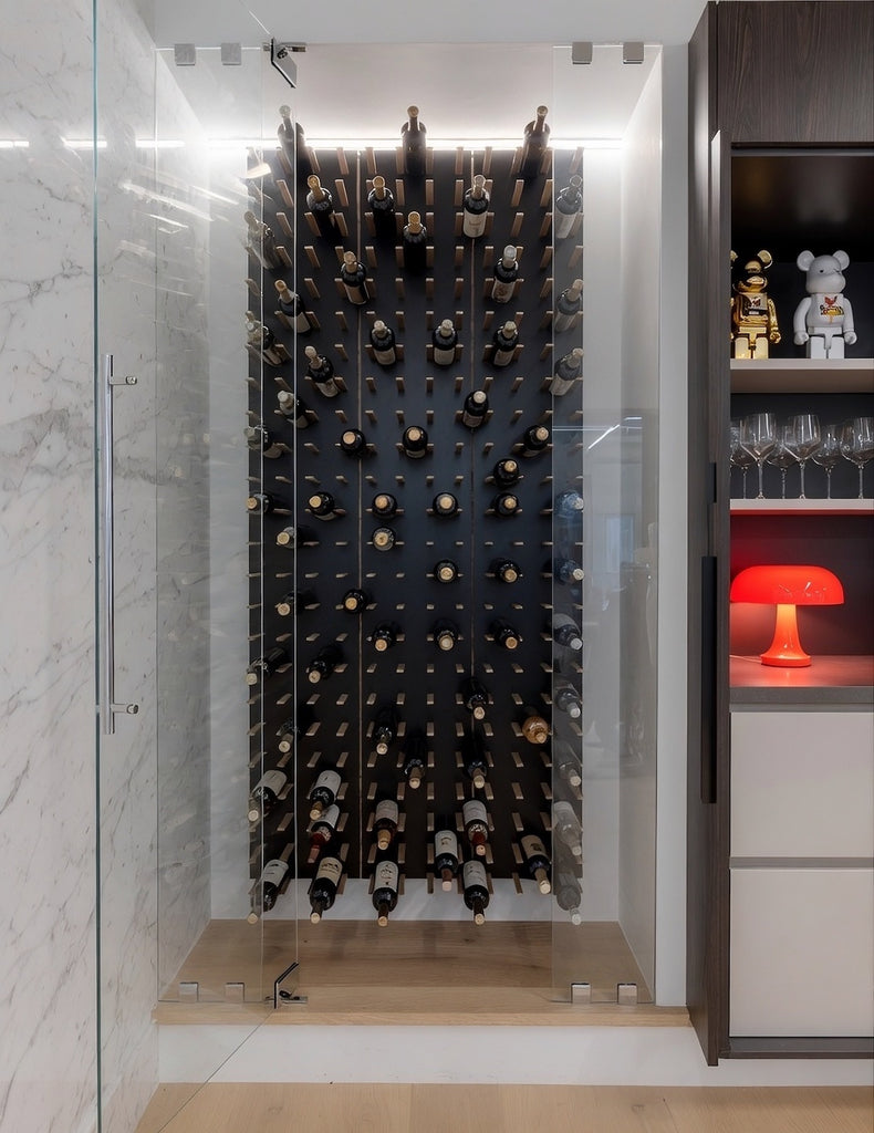 integrated wine cellar enclosed in millwork in a modern home. 